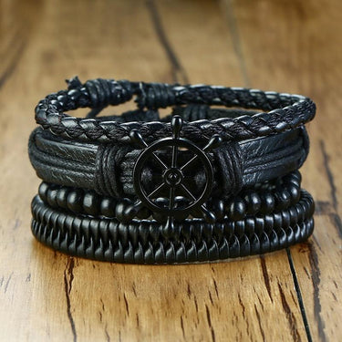 4Pc Braided Black Leather & Wood Nautical Bracelet Set-9 Designs